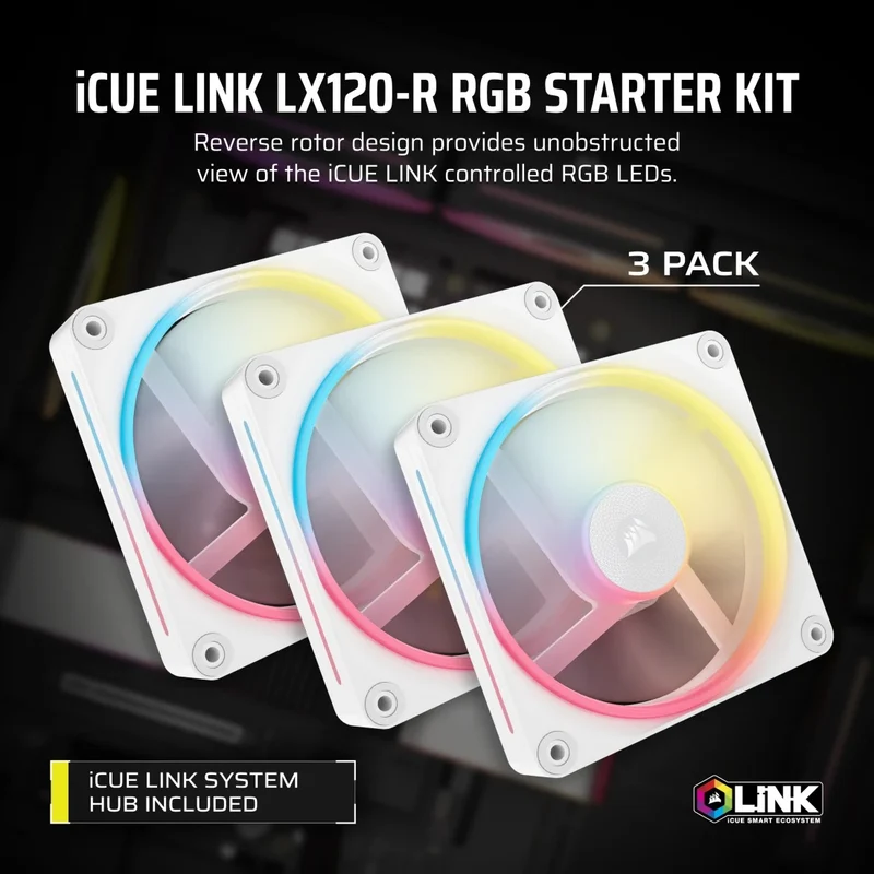 Corsair iCue Link LX120-R RGB 120mm PWM Reverse Triple Fan Kit (Black, White) (CO-9051050-WW, CO-9051054-WW)