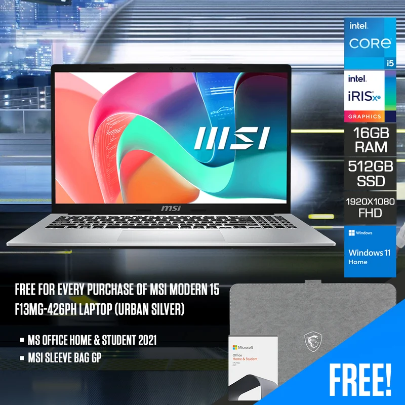 MSI Modern 15 F13MG-426PH Laptop (Urban Silver) | 15.6" FHD (1920x1080) IPS | i5-1334U | 16GB RAM | 512GB SSD | Intel Iris Xe Graphics | Windows 11 Home | MS Office Home & Student 2021 + MSI Sleeve Bag GP