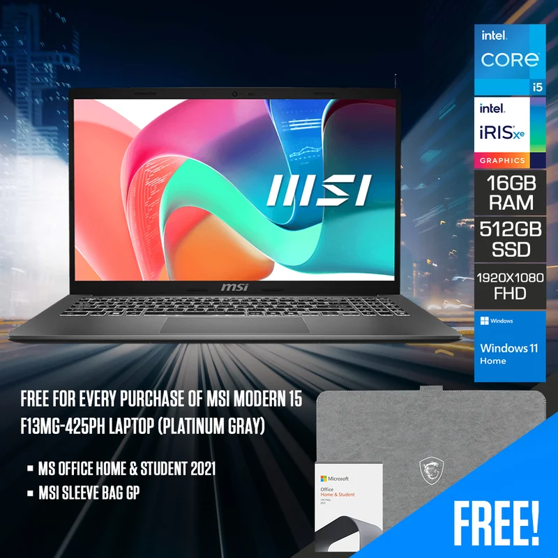 MSI Modern 15 F13MG-425PH Laptop (Platinum Gray) | 15.6" FHD (1920x1080) IPS | i5-1334U | 16GB RAM | 512GB SSD | Intel Iris Xe Graphics | Windows 11 Home | MS Office Home & Student 2021 + MSI Sleeve Bag GP