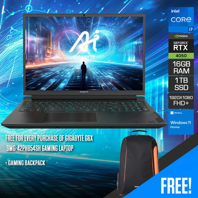 Gigabyte G6X 9MG-42PH854SH Gaming Laptop | 16" FHD+ (1920X1200) 165Hz | i7-13650HX | 16GB RAM | 1TB SSD | RTX 4050 | Windows 11 Home + Gaming Backpack