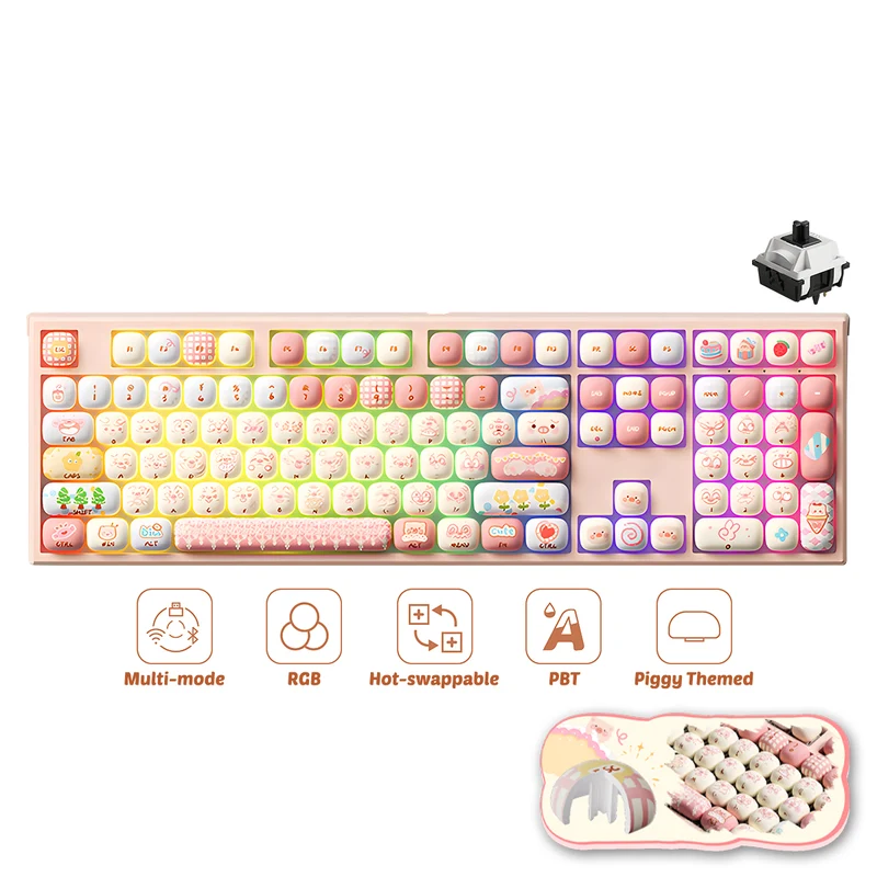 Akko x MonsGeek MG108B Piggy Party Multi-Mode RGB Hot-Swappable Mechanical Keyboard (Akko V3 Piano Pro Switch, Akko Creamy Cyan Switch)