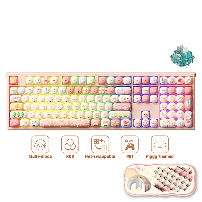 Akko x MonsGeek MG108B Piggy Party Multi-Mode RGB Hot-Swappable Mechanical Keyboard (Akko V3 Piano Pro Switch, Akko Creamy Cyan Switch)