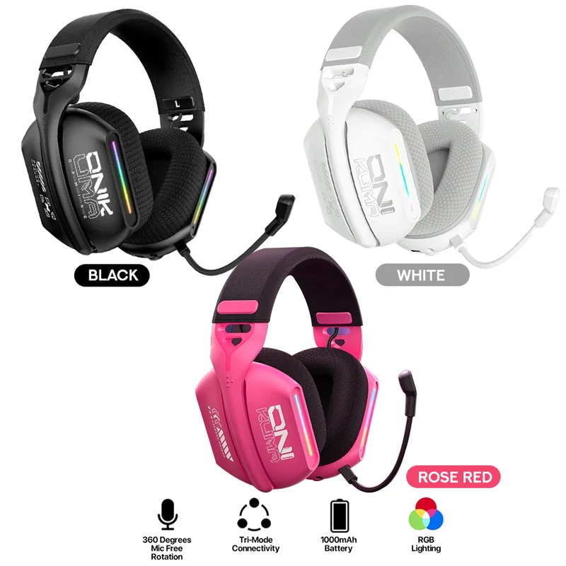 Onikuma GT808 RGB Tri-Mode Gaming Headset with Microphone (Black, White, Rose Red)
