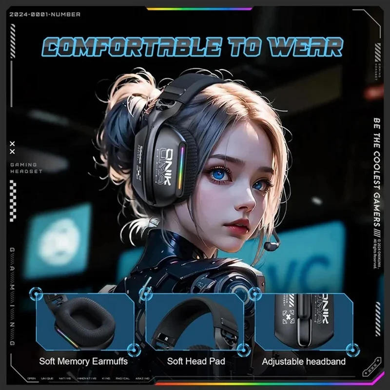Onikuma GT808 RGB Tri-Mode Gaming Headset with Microphone (Black, White, Rose Red)