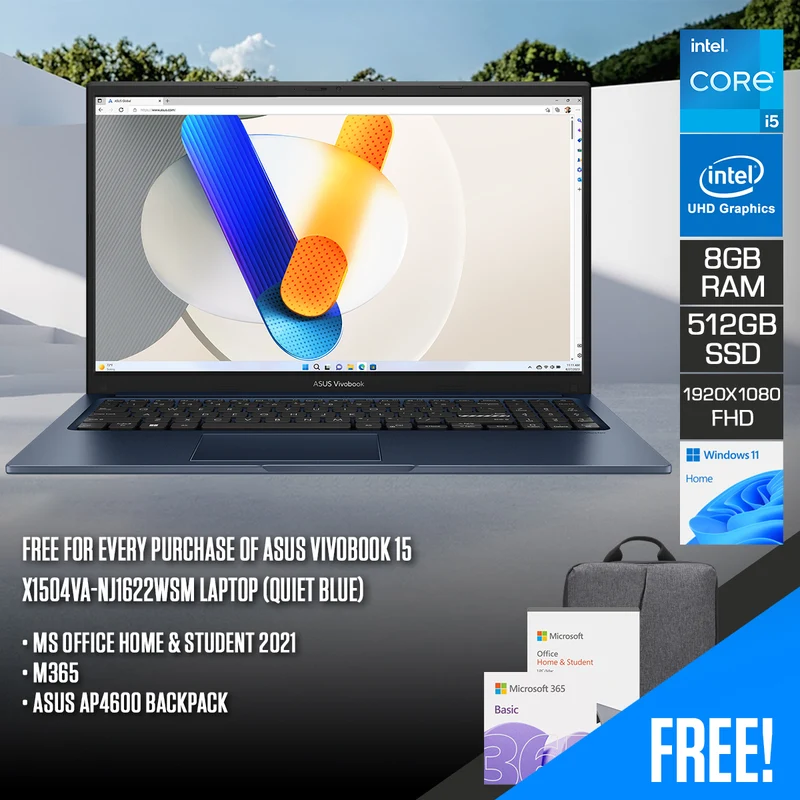 Asus Vivobook 15 X1504VA-NJ1622WSM Laptop (Quiet Blue) | 15.6" FHD (1920 X 1080) | i5-1334U | 8GB RAM | 512GB SSD | Intel UHD Graphics | Windows 11 Home | MS Office Home & Student 2021 + M365 | Asus AP4600 Backpack