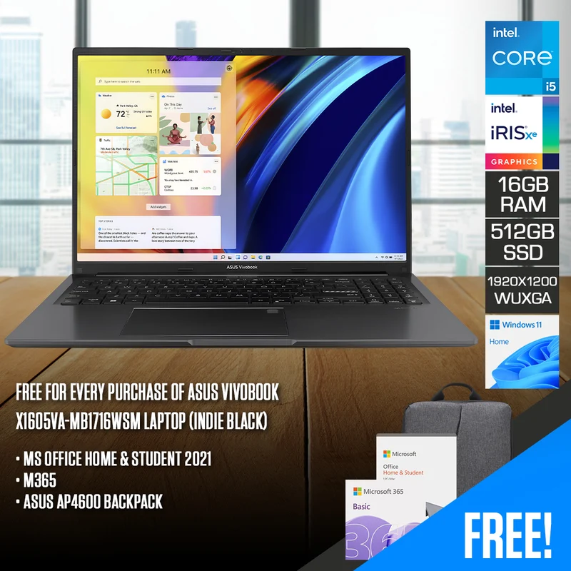 Asus Vivobook X1605VA-MB1716WSM Laptop (Indie Black) | 16" WUXGA (1920X1200) | I5-13420H | 16GB RAM | 512GB SSD | Intel Iris Graphics | Windows 11 Home | MS OFFICE HOME & STUDENT 2021 + M365 | Asus AP4600 Backpack