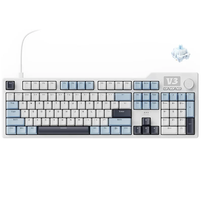 Ajazz AK35I V3 Wired 100% 104-Keys Gasket-mounted Hot Swappable Mechanical Keyboard (Blue/White/Blue) (Sea Salt Switch, Hyacinth Switch)