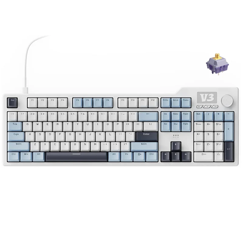 Ajazz AK35I V3 Wired 100% 104-Keys Gasket-mounted Hot Swappable Mechanical Keyboard (Blue/White/Blue) (Sea Salt Switch, Hyacinth Switch)