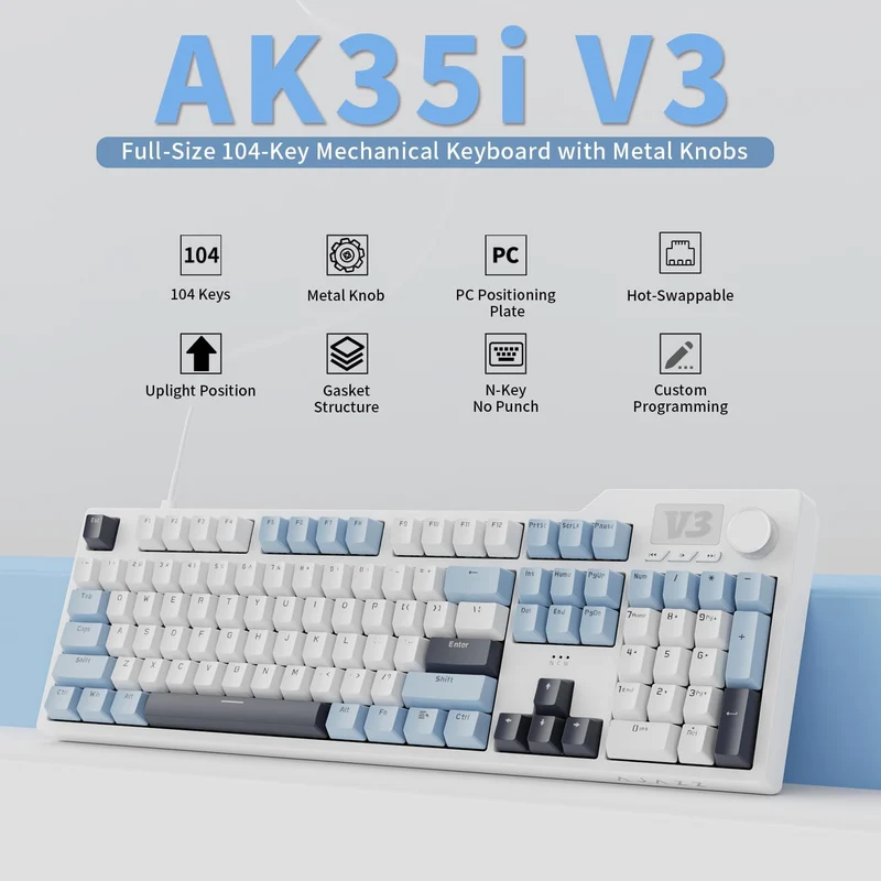 Ajazz AK35I V3 Wired 100% 104-Keys Gasket-mounted Hot Swappable Mechanical Keyboard (Blue/White/Blue) (Sea Salt Switch, Hyacinth Switch)