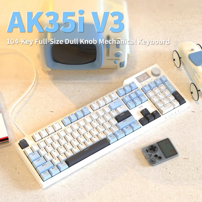 Ajazz AK35I V3 Wired 100% 104-Keys Gasket-mounted Hot Swappable Mechanical Keyboard (Blue/White/Blue) (Sea Salt Switch, Hyacinth Switch)