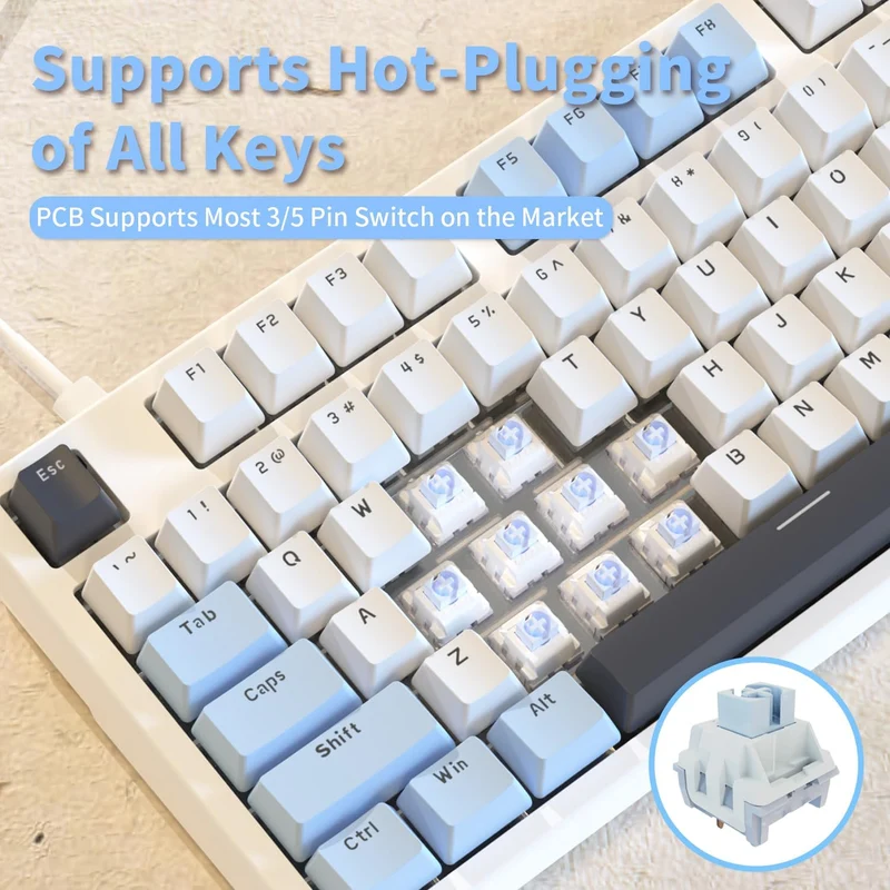 Ajazz AK35I V3 Wired 100% 104-Keys Gasket-mounted Hot Swappable Mechanical Keyboard (Blue/White/Blue) (Sea Salt Switch, Hyacinth Switch)