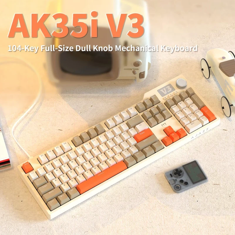 Ajazz AK35I V3 Wired 100% 104-Keys Gasket-mounted Hot Swappable Mechanical Keyboard (Grey/Cream/Orange) (Sea Salt Switch)