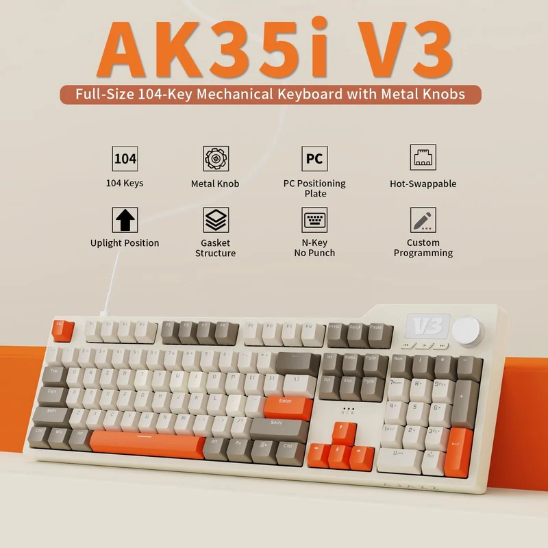 Ajazz AK35I V3 Wired 100% 104-Keys Gasket-mounted Hot Swappable Mechanical Keyboard (Grey/Cream/Orange) (Sea Salt Switch)