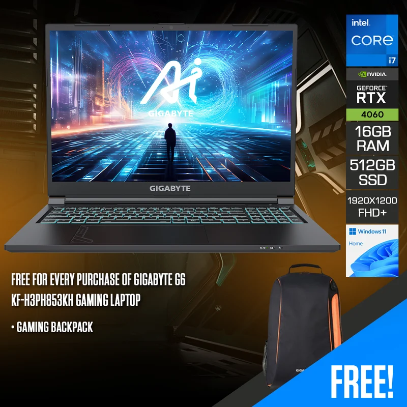 Gigabyte G6 KF-H3PH853KH Gaming Laptop | 16" FHD+ (1920X1200) 165Hz | i7-13620H | 16GB RAM | 512GB SSD | RTX 4060 | Windows 11 Home + Gaming Backpack
