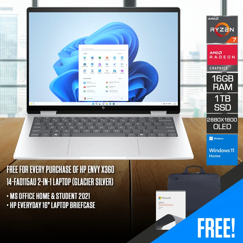 HP Envy x360 14-FA0115AU 2-in-1 Laptop (Glacier Silver) | 14.0" 2.8K (2880x1800) OLED | R7-8840HS | 16GB RAM | 1TB SSD | AMD Radeon Graphics | Windows 11 Home | MS Office Home & Student 2021 + HP Everyday 16" Laptop Briefcase