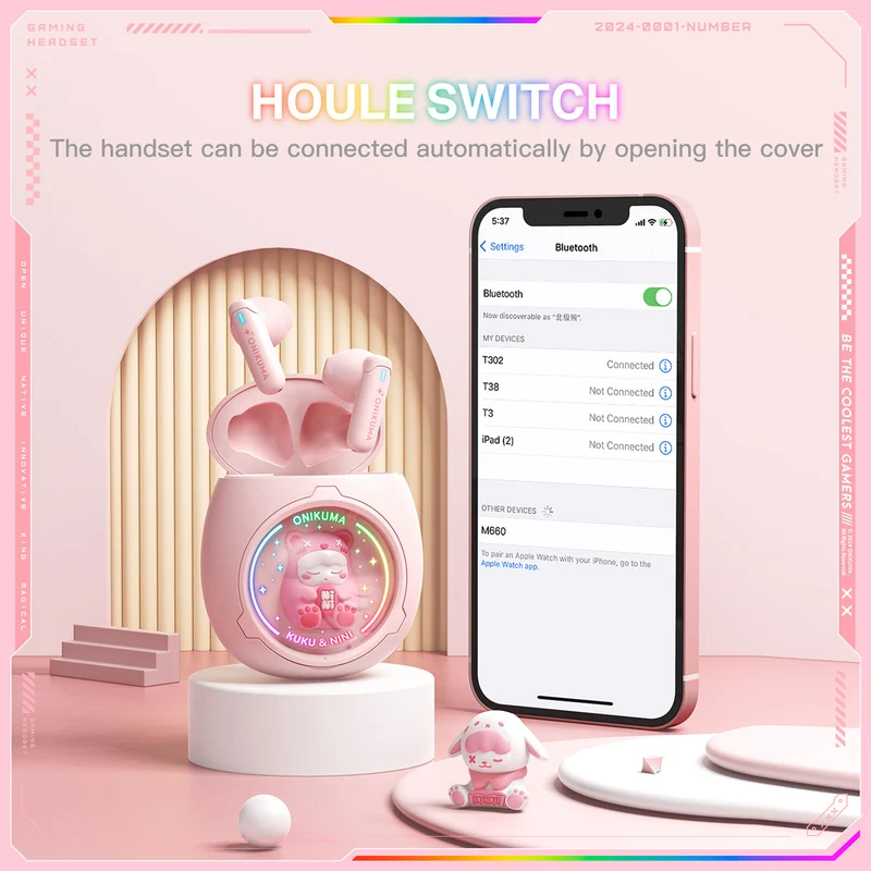 Onikuma T302 Wireless Earphones (Pink, White)