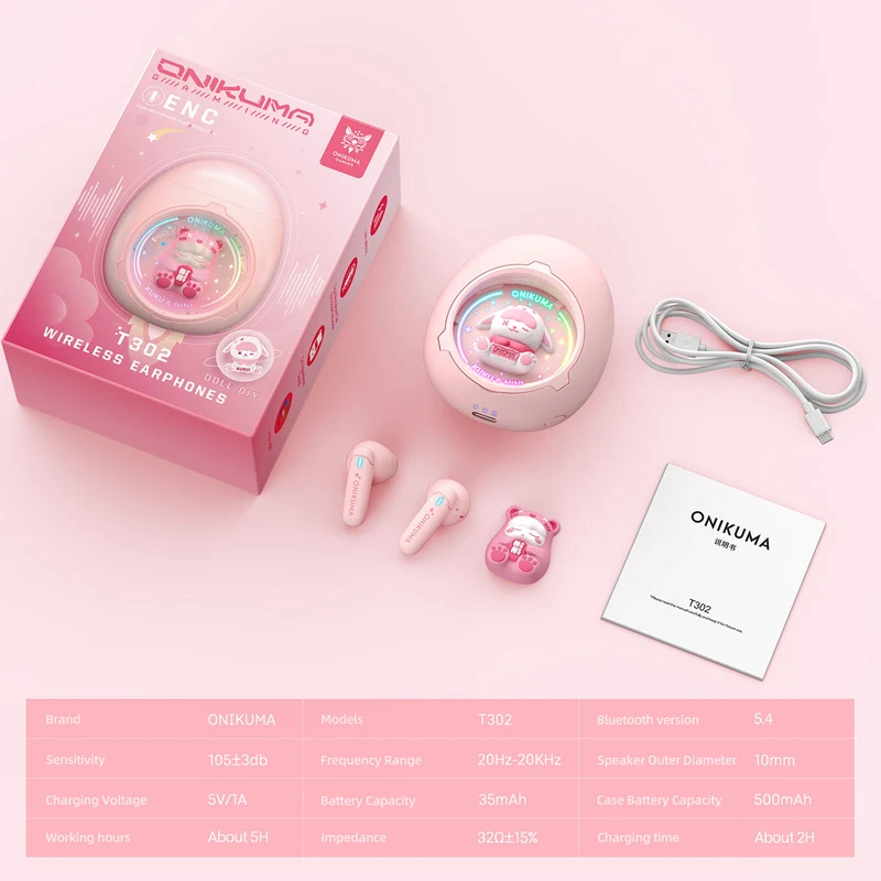 Onikuma T302 Wireless Earphones (Pink, White)