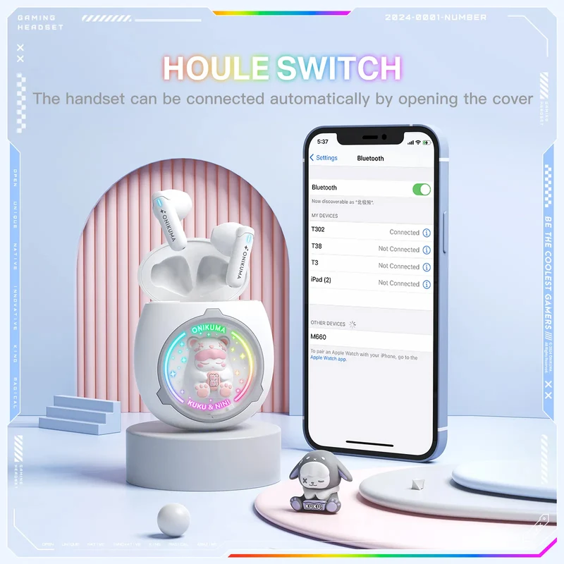 Onikuma T302 Wireless Earphones (Pink, White)