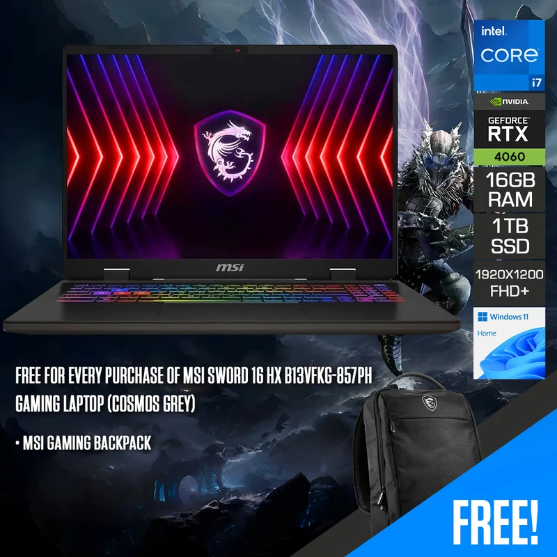 MSI Sword 16 HX B13VFKG-857PH Gaming Laptop (Cosmos Grey) | 16" FHD+ (1920x1200) 165Hz | i7-13700HX | 16GB RAM | 1TB SSD | RTX 4060 | Windows 11 Home | MSI Gaming Backpack