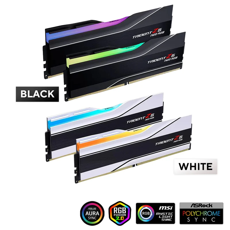 G.Skill Trident Z5 Neo RGB 32GB (2x16GB) DDR5-6400 MT/s CL30-39-39-102 1.40V AMD EXPO Desktop Memory (Black, White) (F5-6400J3039G16GX2-TZ5NR, F5-6400J3039G16GX2-TZ5NRW)