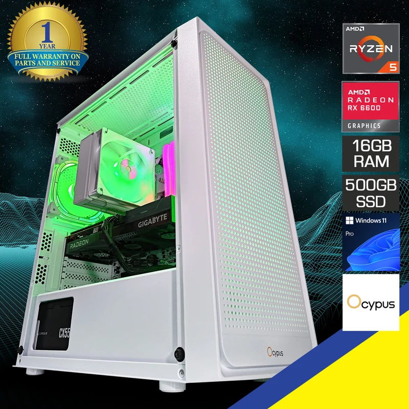Alpha Gamma C50 White Gaming PC | AMD Ryzen 5 5600 | 16GB RAM | 500GB SSD | RX 6600 | Windows 11 Pro