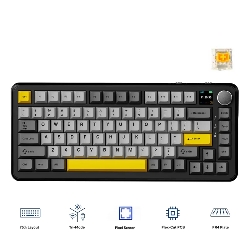 Ajazz AK820 Max RGB Tri-Mode 75% 81-Keys Gasket-mounted Hot Swappable Mechanical Keyboard with 1.14" TFT Display Screen & Knob (Black/Grey/Yellow) (Magnetic Switch)