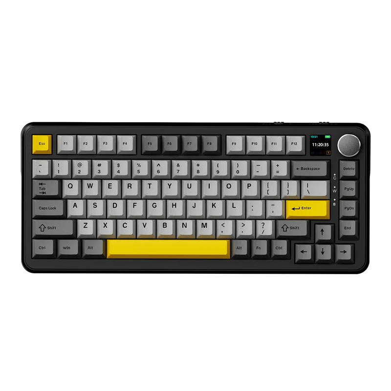 Ajazz AK820 Max RGB Tri-Mode 75% 81-Keys Gasket-mounted Hot Swappable Mechanical Keyboard with 1.14" TFT Display Screen & Knob (Black/Grey/Yellow) (Magnetic Switch)
