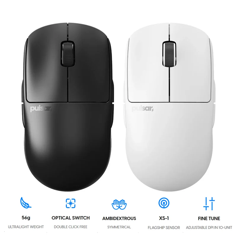 Pulsar X2A V3 Ultralight Weight Wireless Ambidextrous eSports Gaming Mouse Size 2 (Black, White) (PX2A321, PX2A322)