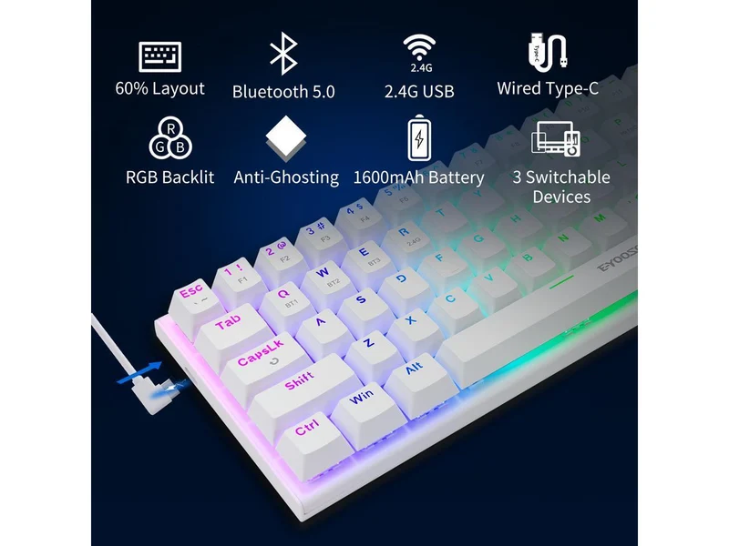 E-Yooso Z-11 Tri-Mode RGB 61 Keys Hot Swappable Mechanical Keyboard White (Red Switch, Blue Switch)