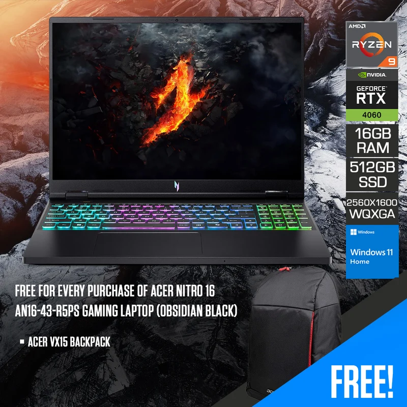 Acer Nitro 16 AN16-43-R5PS Gaming Laptop (Obsidian Black) | 16" WQXGA (2560x1600) IPS | Ryzen 9 8945HS | 16GB RAM | 512GB SSD | RTX 4060 | Windows 11 Home | Acer VX15 Backpack