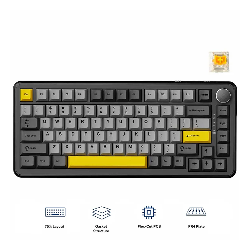 Ajazz AK820 Max RGB Wired 75% 82-Keys Gasket-mounted Hot Swappable Mechanical Keyboard (Black/Grey/Yellow) (Magnetic Switch)