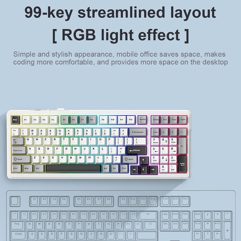 Aula F99 RGB Tri-Mode Type-C 98% 99-Key Gasket Structure Hot-Swap Mechanical Gaming Keyboard (Gray Wood Switch)(Grey/White/Dark Grey, White/Blue/Purple)