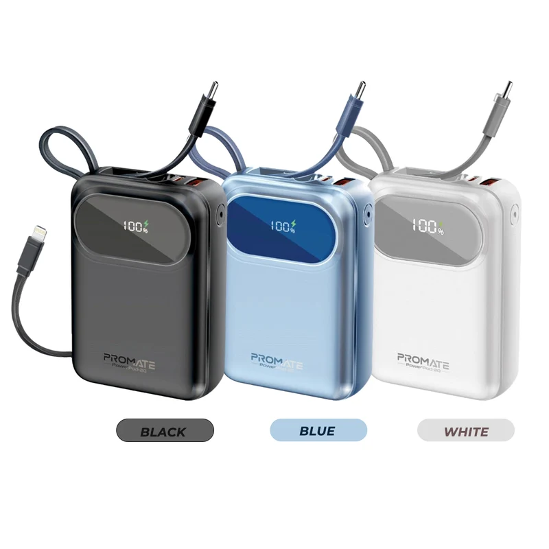 Promate PowerPod-20 20000mAH 35W Ultra Compact Super Speed Power Bank Built-In USB-C & Lightning Cable (Black, Blue, White)