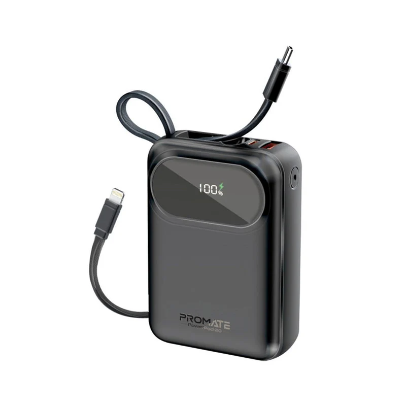 Promate PowerPod-20 20000mAH 35W Ultra Compact Super Speed Power Bank Built-In USB-C & Lightning Cable (Black, Blue, White)