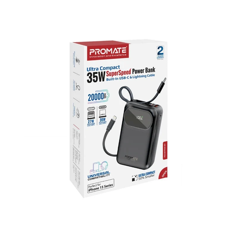Promate PowerPod-20 20000mAH 35W Ultra Compact Super Speed Power Bank Built-In USB-C & Lightning Cable (Black, Blue, White)