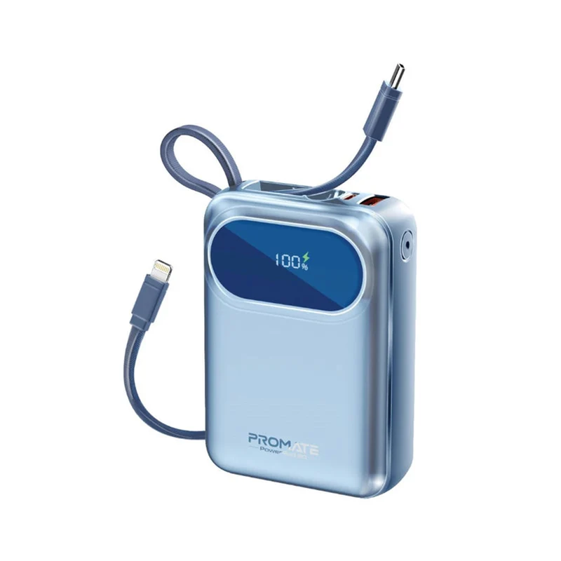 Promate PowerPod-20 20000mAH 35W Ultra Compact Super Speed Power Bank Built-In USB-C & Lightning Cable (Black, Blue, White)