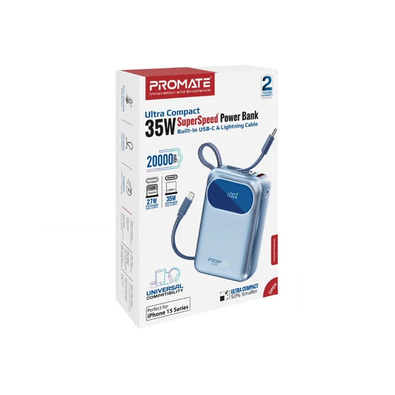 Promate PowerPod-20 20000mAH 35W Ultra Compact Super Speed Power Bank Built-In USB-C & Lightning Cable (Black, Blue, White)