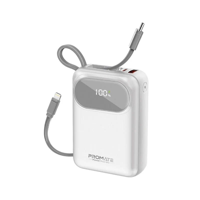 Promate PowerPod-20 20000mAH 35W Ultra Compact Super Speed Power Bank Built-In USB-C & Lightning Cable (Black, Blue, White)