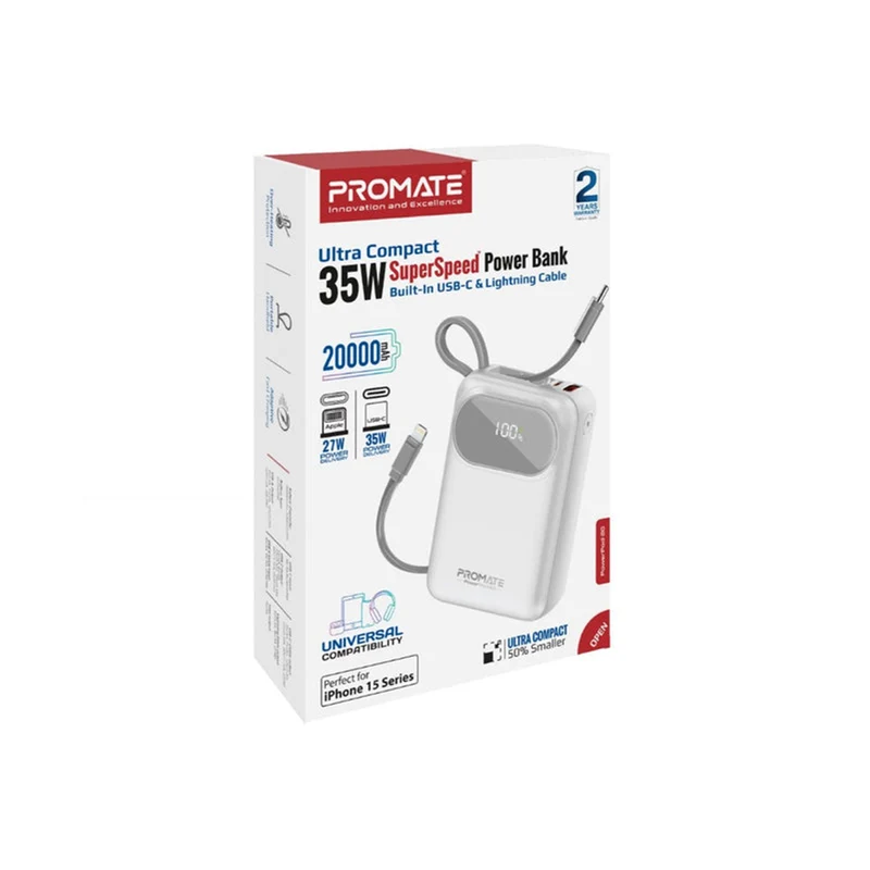 Promate PowerPod-20 20000mAH 35W Ultra Compact Super Speed Power Bank Built-In USB-C & Lightning Cable (Black, Blue, White)