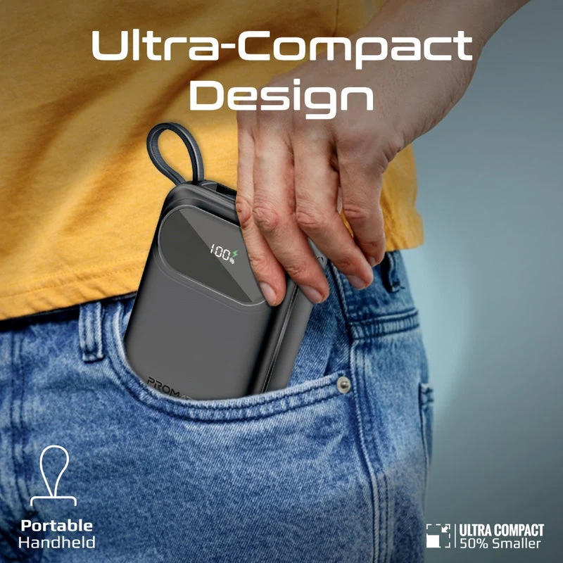 Promate PowerPod-20 20000mAH 35W Ultra Compact Super Speed Power Bank Built-In USB-C & Lightning Cable (Black, Blue, White)