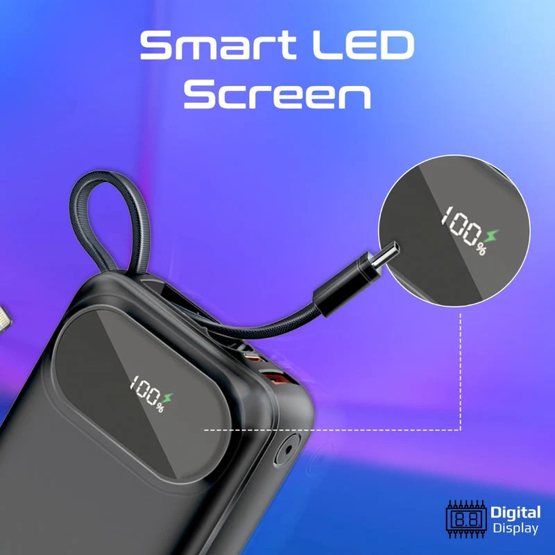 Promate PowerPod-20 20000mAH 35W Ultra Compact Super Speed Power Bank Built-In USB-C & Lightning Cable (Black, Blue, White)