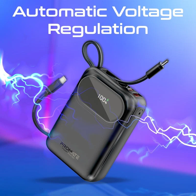 Promate PowerPod-20 20000mAH 35W Ultra Compact Super Speed Power Bank Built-In USB-C & Lightning Cable (Black, Blue, White)