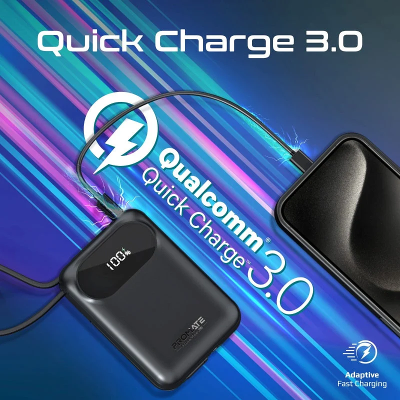 Promate PowerPod-20 20000mAH 35W Ultra Compact Super Speed Power Bank Built-In USB-C & Lightning Cable (Black, Blue, White)