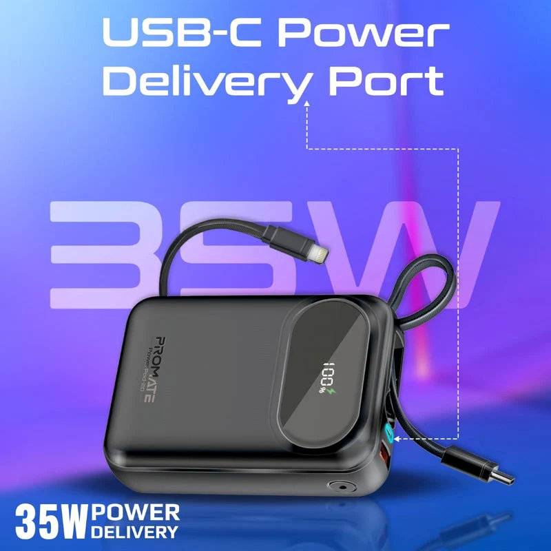 Promate PowerPod-20 20000mAH 35W Ultra Compact Super Speed Power Bank Built-In USB-C & Lightning Cable (Black, Blue, White)