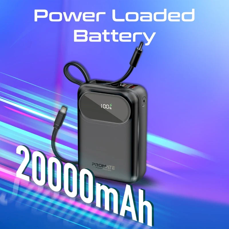 Promate PowerPod-20 20000mAH 35W Ultra Compact Super Speed Power Bank Built-In USB-C & Lightning Cable (Black, Blue, White)