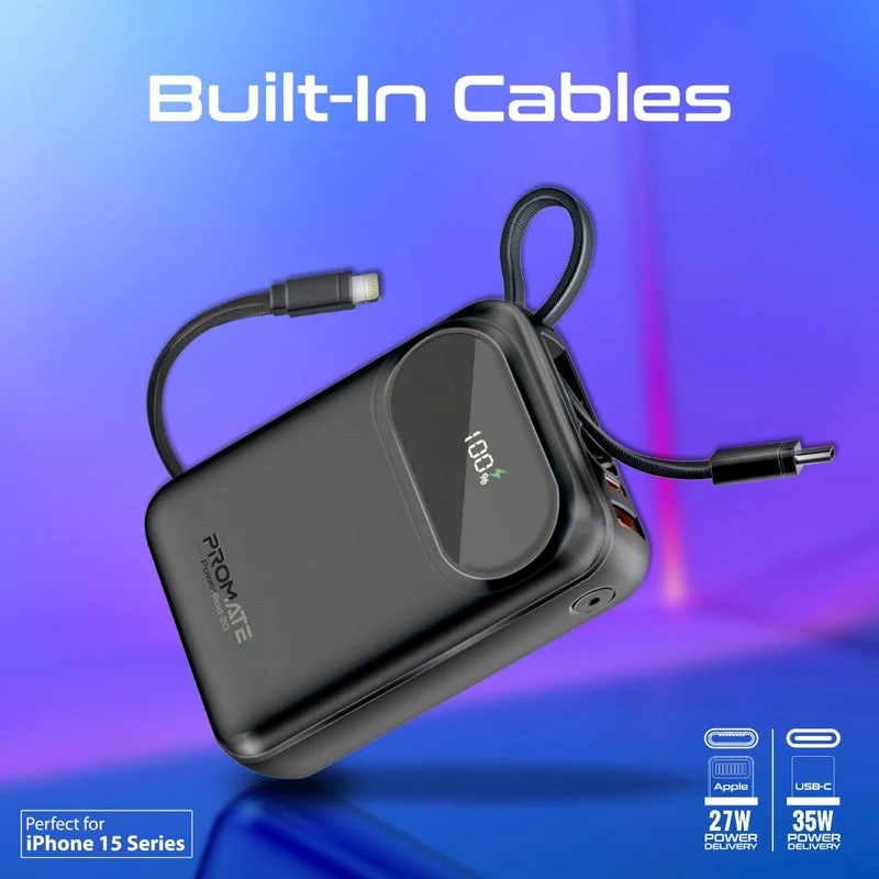 Promate PowerPod-20 20000mAH 35W Ultra Compact Super Speed Power Bank Built-In USB-C & Lightning Cable (Black, Blue, White)