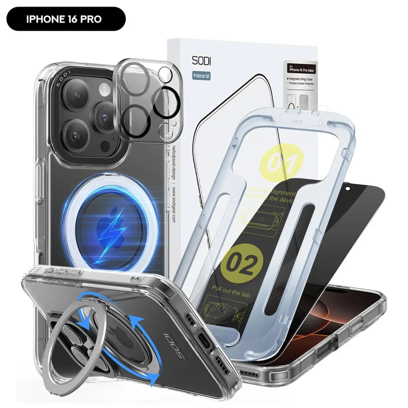 SODI CS03 Magnetic Ring Case w/ 1x Privacy Screen Protector and 1x Camera Lens Protector for iPhone 16 (iPhone 16 Pro, iPhone 16 Pro Max)