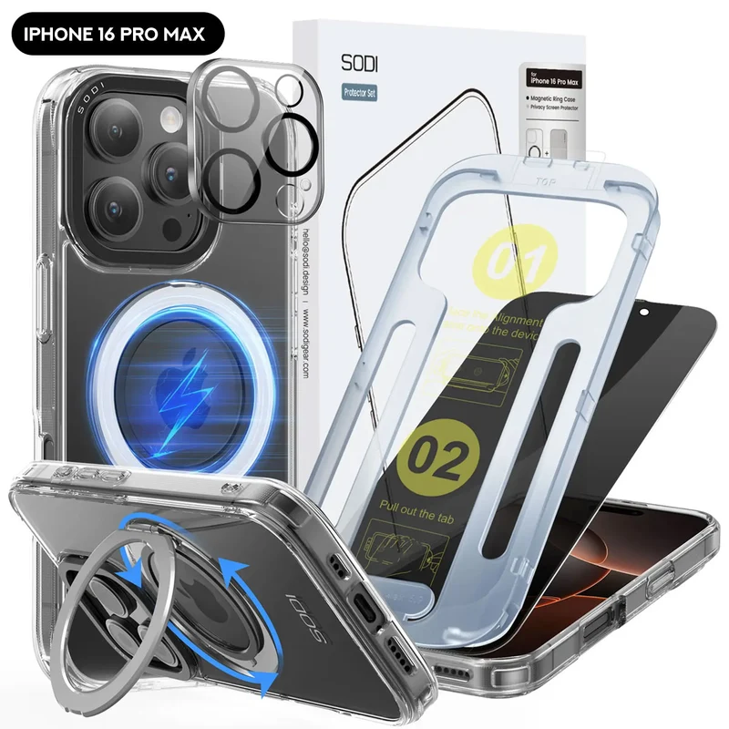SODI CS03 Magnetic Ring Case w/ 1x Privacy Screen Protector and 1x Camera Lens Protector for iPhone 16 (iPhone 16 Pro, iPhone 16 Pro Max)