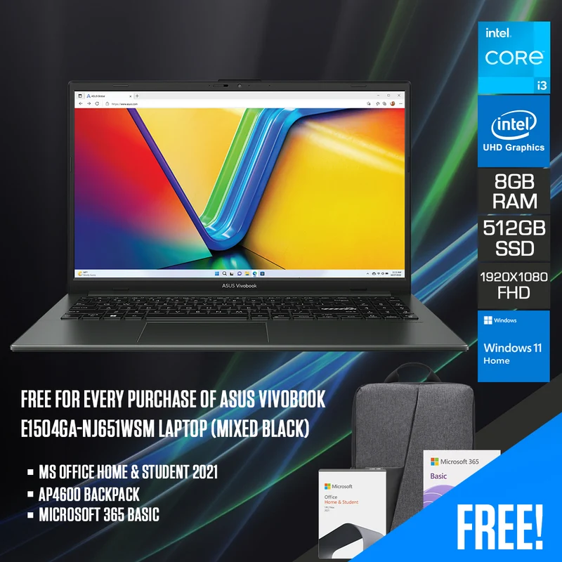Asus Vivobook E1504GA-NJ651WSM Laptop (Mixed Black) | 15.6" FHD (1920 x 1080) IPS | i3-N305 | 8GB RAM | 512GB SSD | Intel UHD Graphics | Windows 11 Home | MS Office Home & Student 2021 + Microsoft 365 Basic + AP4600 Backpack