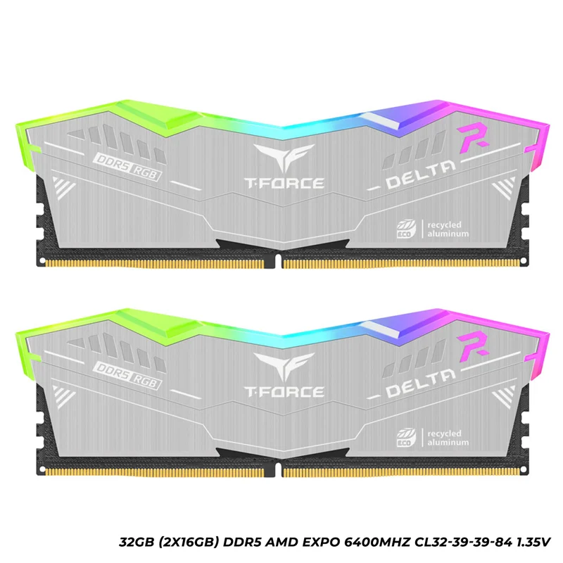 Teamgroup T-force Delta RGB ECO 32GB (2x16GB) DDR5 AMD EXPO 6400MHz CL32-39-39-84 1.35V Gaming Desktop Memory (Silver) (FF2D532G6400HC32ADC01)